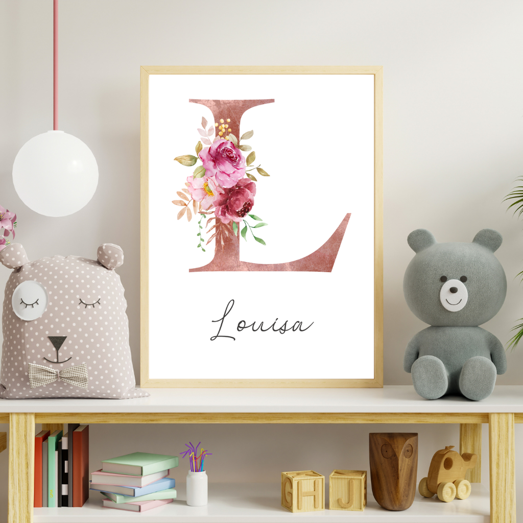 Affiche personnalisée Lettre initiale fleur – Prénom sur mesure