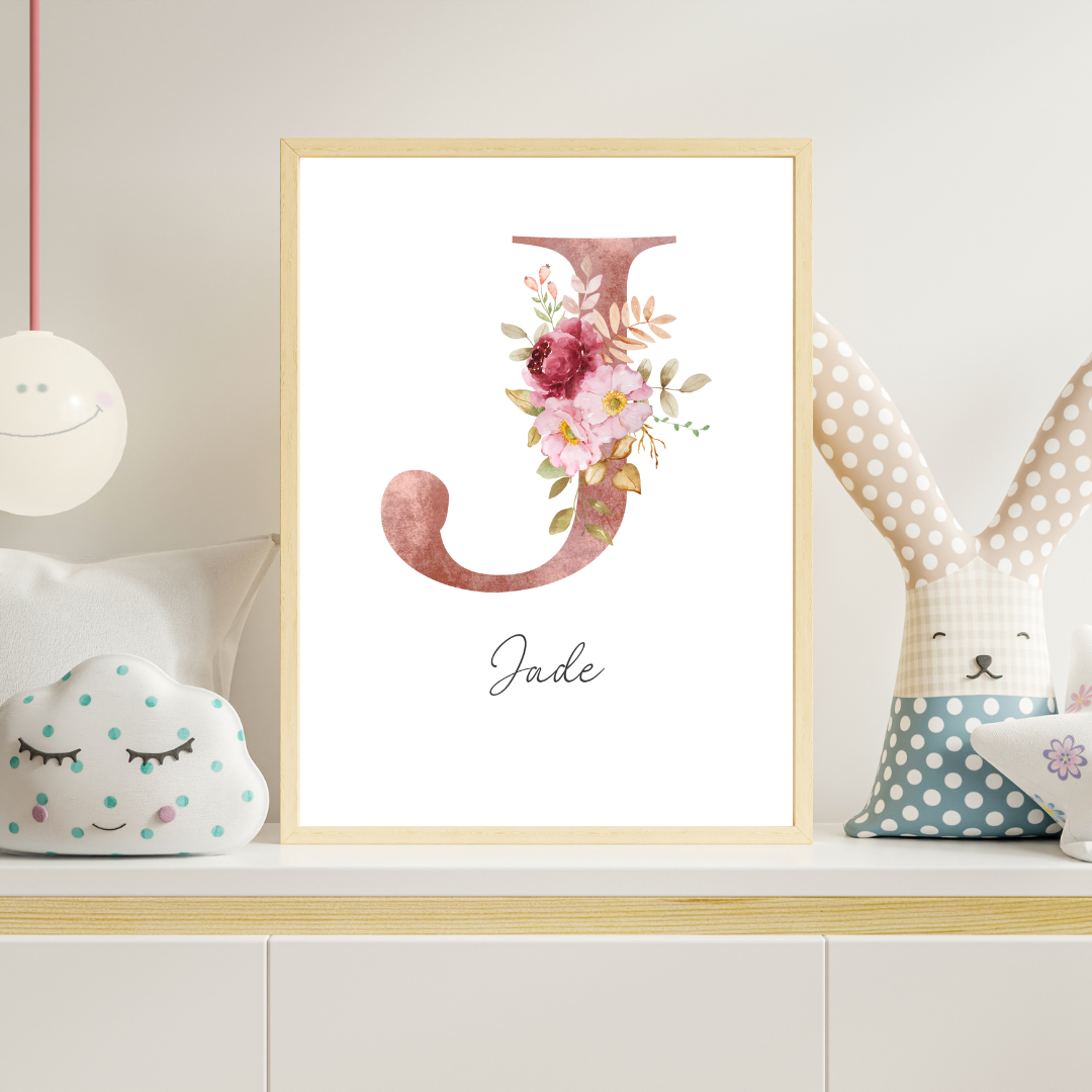 Affiche personnalisée Lettre initiale fleur – Prénom sur mesure