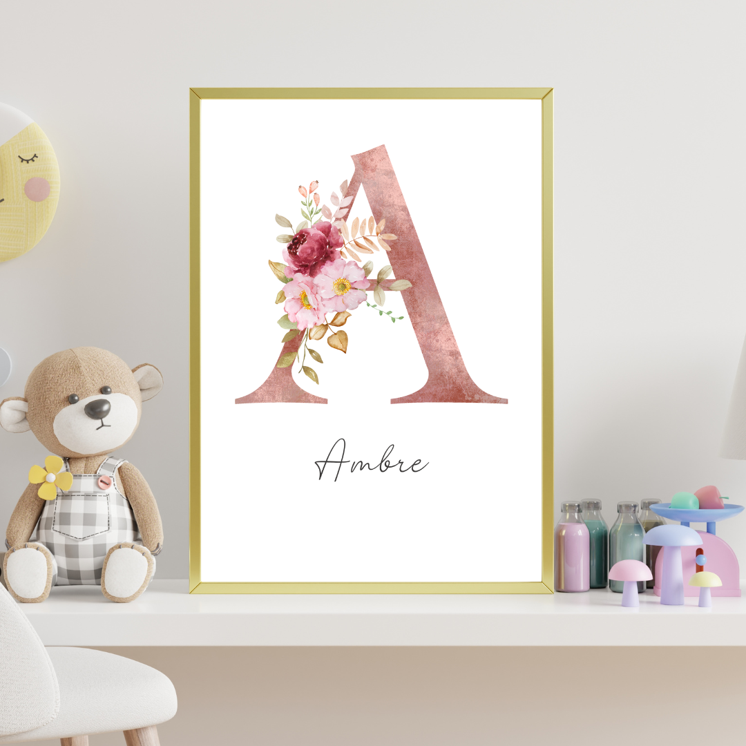 Affiche personnalisée Lettre initiale fleur – Prénom sur mesure