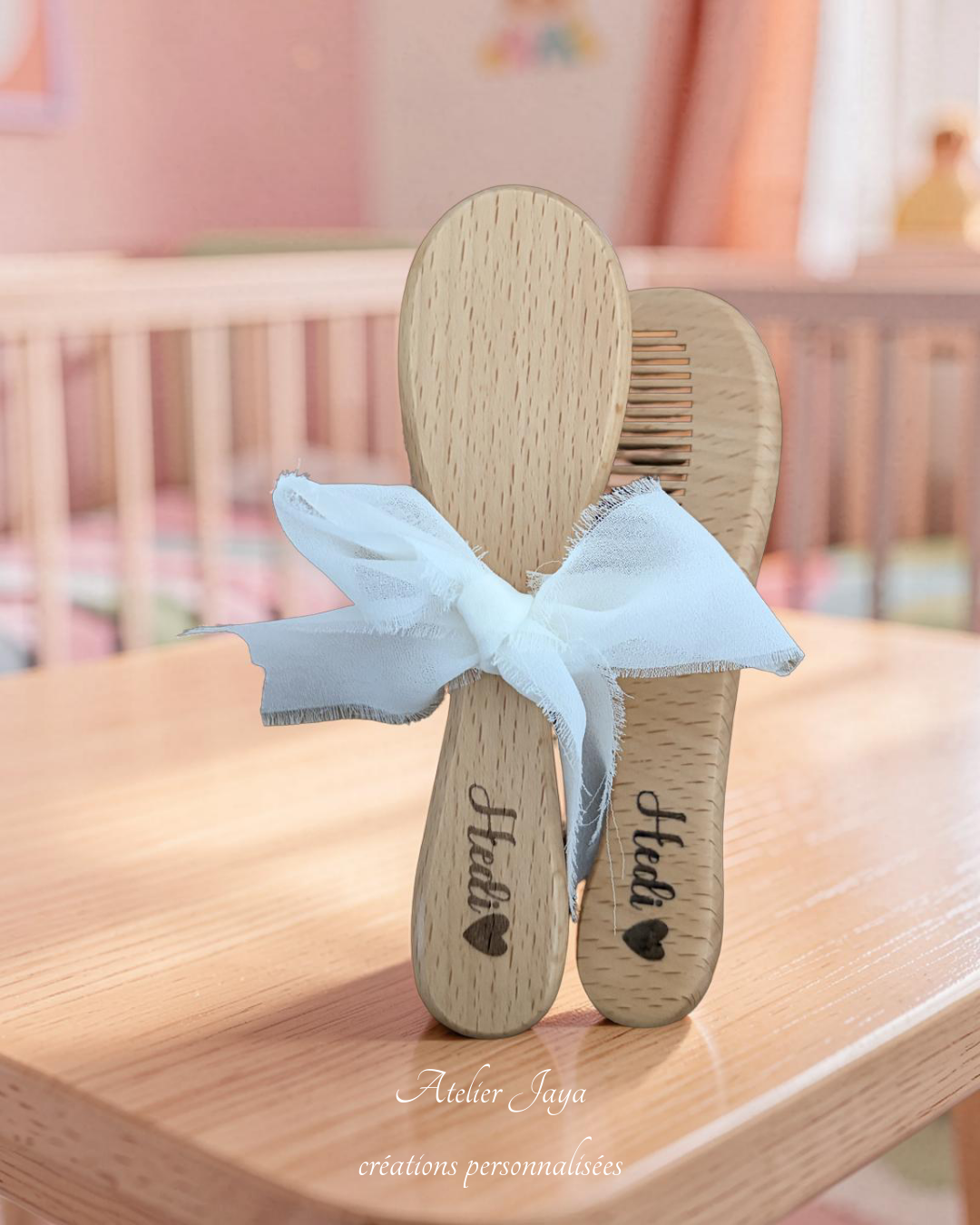 Set Brosse & Peigne Personnalisé en Bois – Cadeau de Naissance